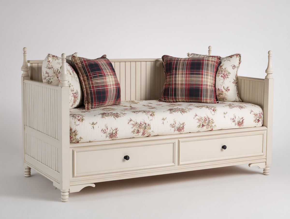 Canapé lit - Bois-Tissu - 209 x 101 x 96 cm - Ivoire-Multicolore - Campagne chic