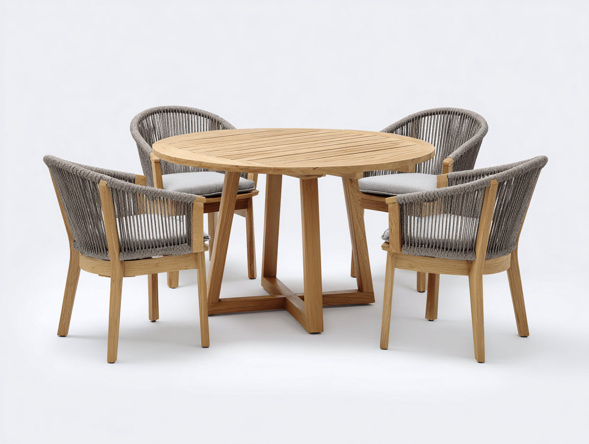 Salon de jardin repas - Bois-Corde tressée-Tissu - 125 x 125 x 75cm - Naturel-Gris - Moderne