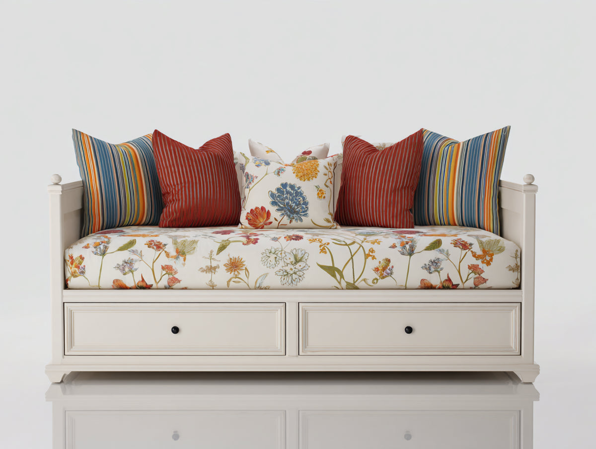 Canapé lit - Bois-Tissu - 206 x 99 x 88 cm - Blanc cassé-Multicolore - Campagne contemporaine