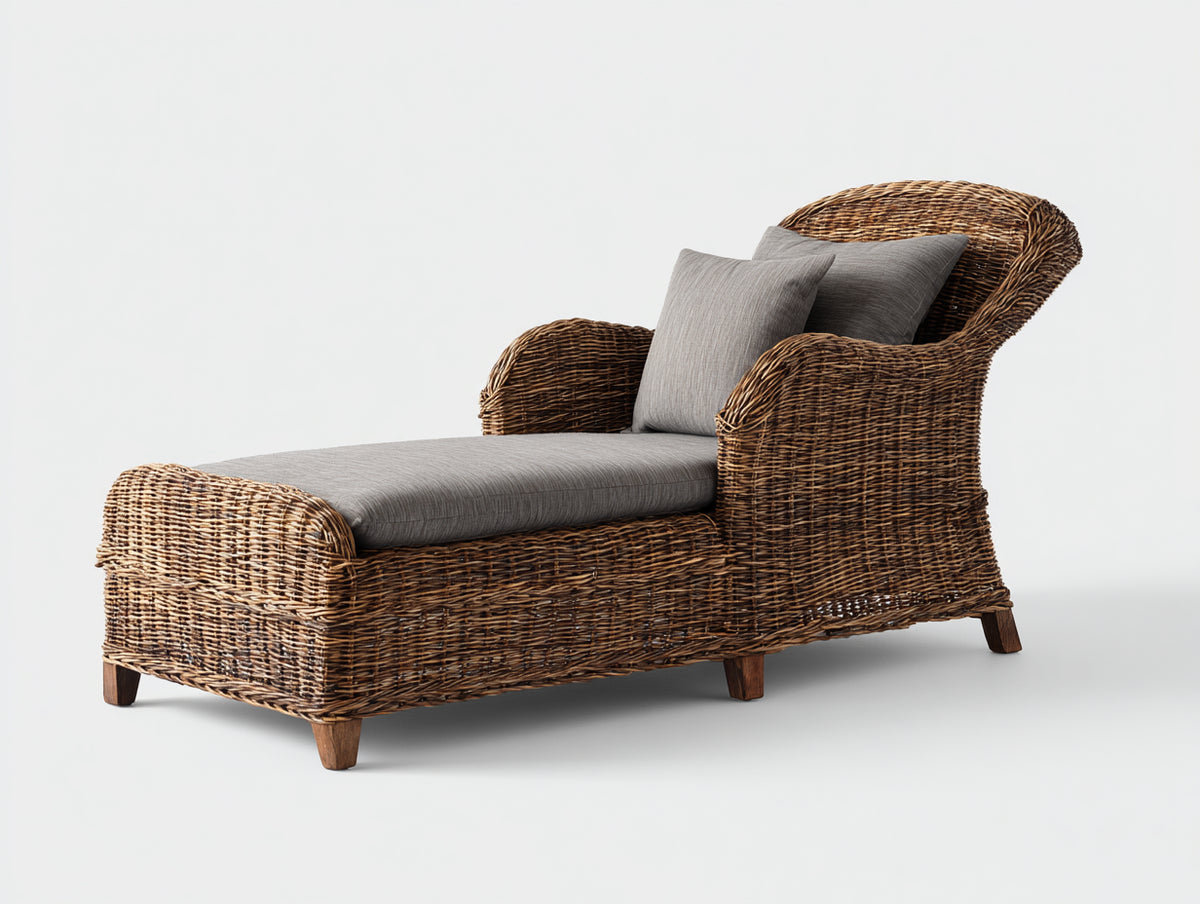Bain de soleil - Rotin tressé-Tissu - 195 x 86 x 92cm - Marron-Gris - Rustique