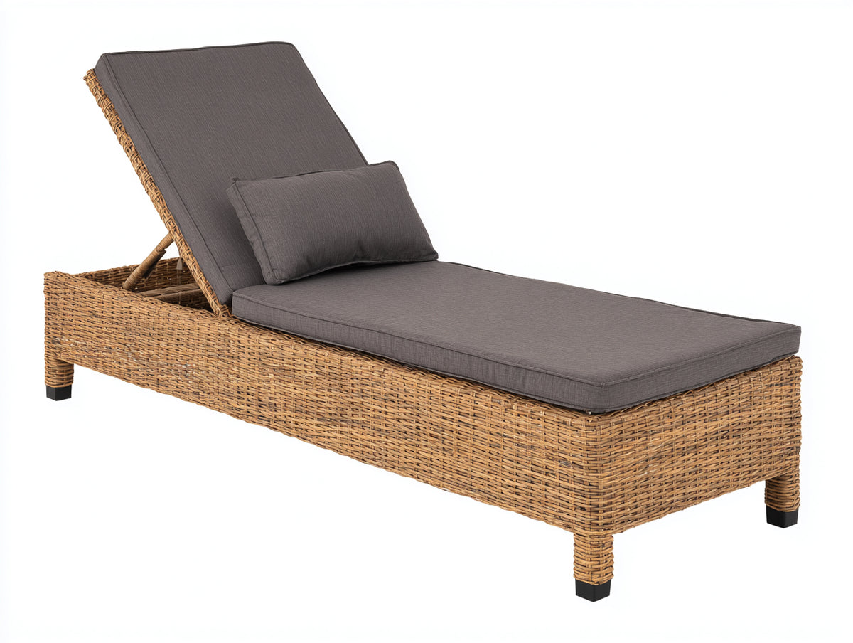 Bain de soleil - Rotin tressé-Tissu - 198 x 72 x 88cm - Naturel-Gris foncé - Dossier inclinable