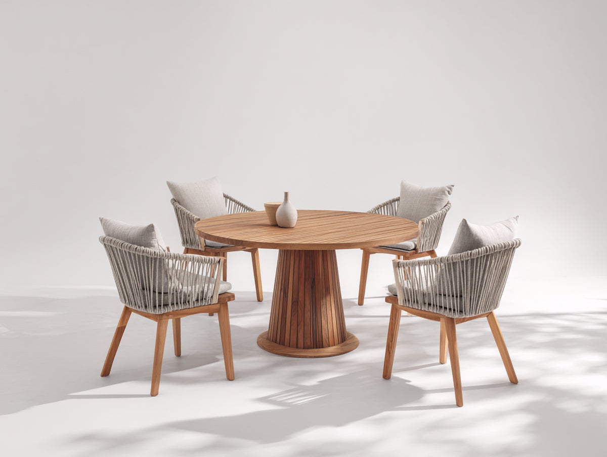 Salon de jardin repas - Bois-Corde tressée-Tissu - 135 x 135 x 75cm - Naturel-Gris clair-Beige - Contemporain