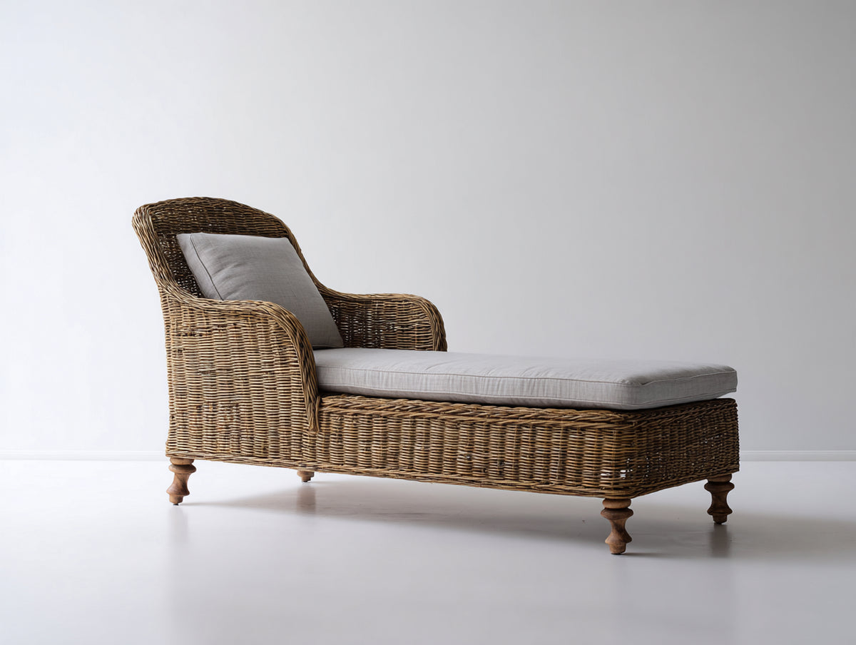 Bain de soleil - Rotin tressé-Tissu - 195 x 78 x 86cm - Naturel-Gris clair - Classique