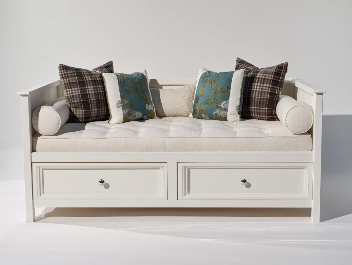 Canapé lit - Bois-Tissu - 205 x 98 x 90 cm - Blanc-Crème - Classique contemporain