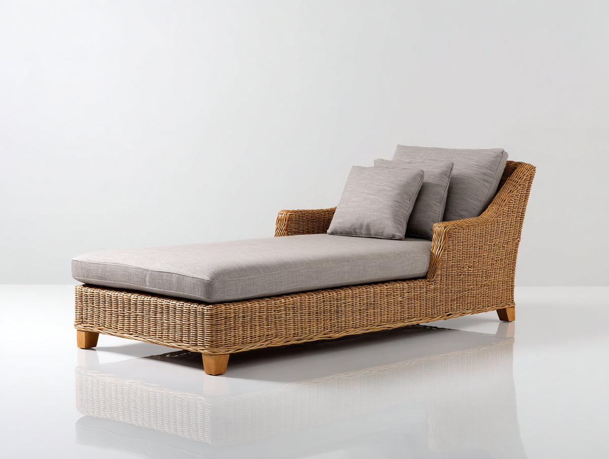 Bain de soleil - Rotin tressé-Tissu - 200 x 90 x 82cm - Naturel-Gris clair - Bohème