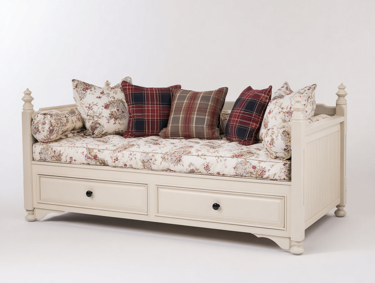 Canapé lit - Bois-Tissu - 208 x 100 x 94 cm - Ivoire-Multicolore - Style campagne