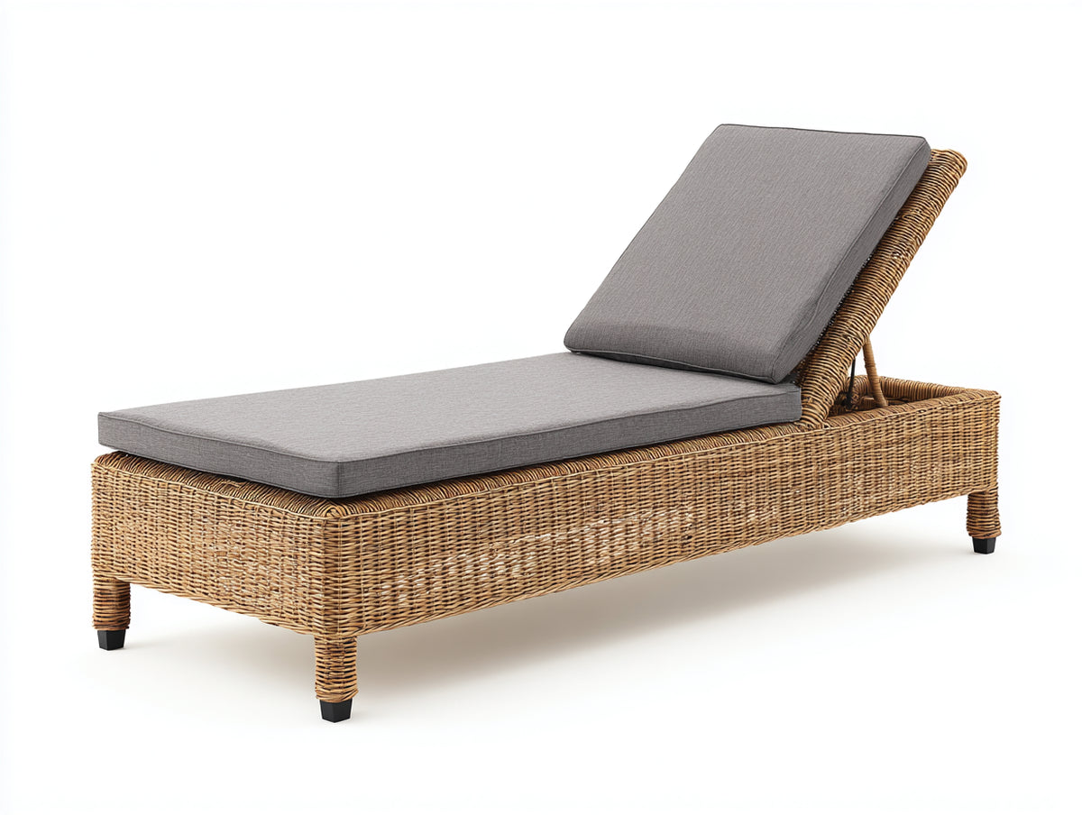 Bain de soleil - Rotin tressé-Tissu - 200 x 69 x 85cm - Naturel-Gris - Dossier inclinable