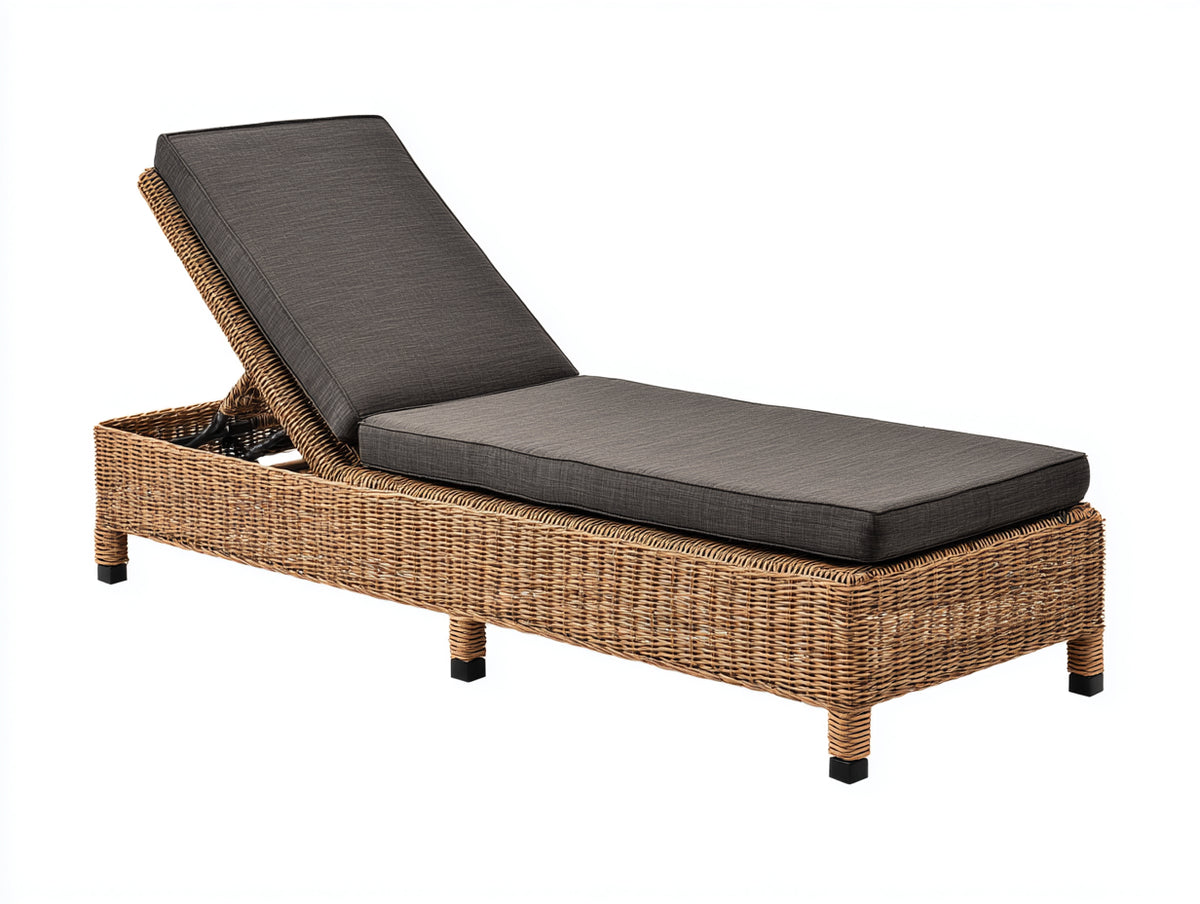 Bain de soleil - Rotin tressé-Tissu - 200 x 68 x 92cm - Naturel-Gris anthracite - Dossier inclinable